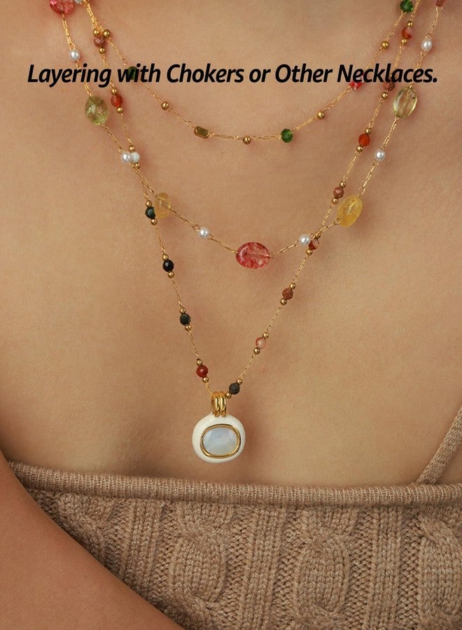 Karmiir Women's Pendant Necklace Beaded Natural Stones Station with White Shell Pendant - 18K Gold-Plated Non-tarnish Necklace 18" + 2” Extension Dainty Jewelry - Image 5